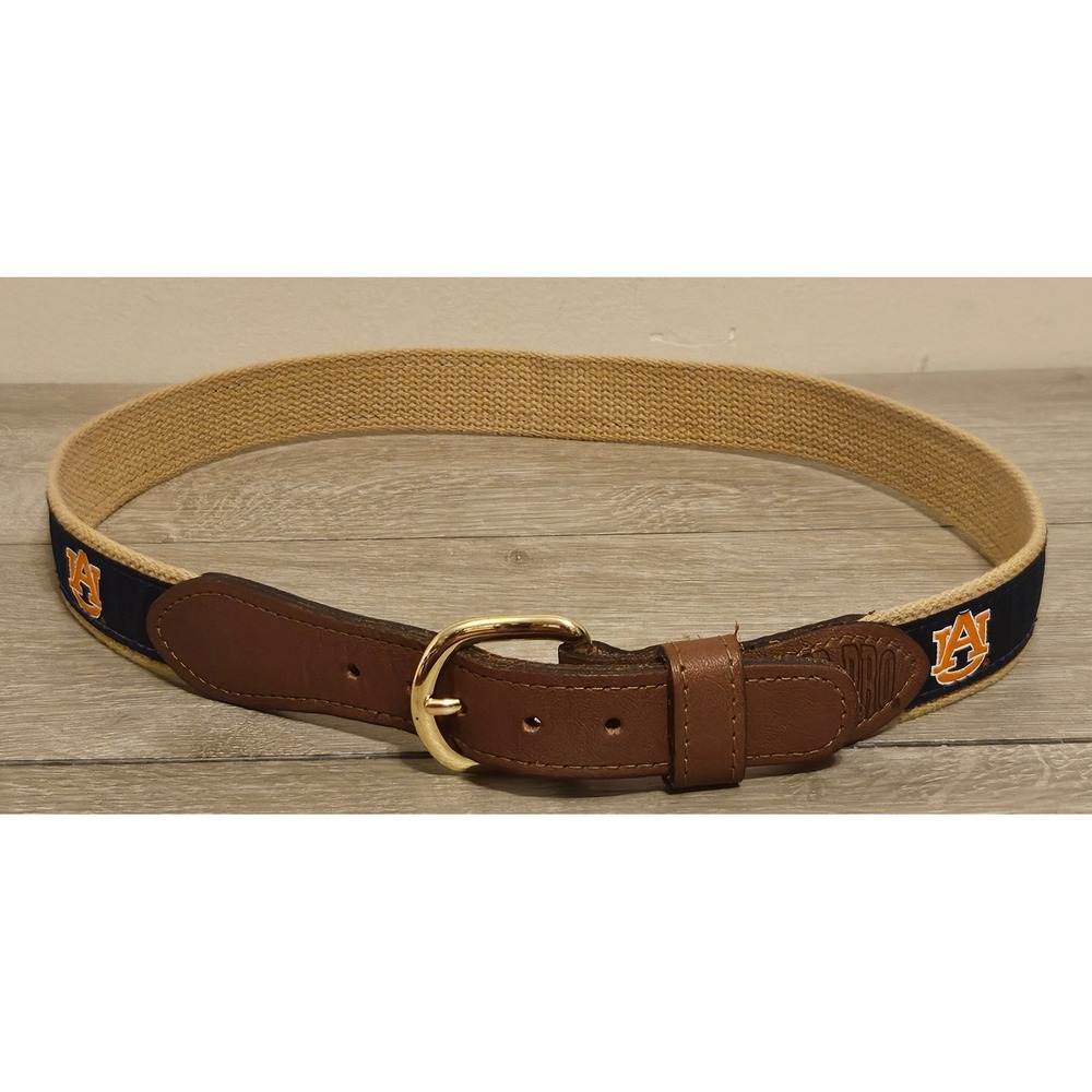 Zep-Pro Auburn Tigers Mens Web Belt 32 Navy Tan Leather Solid Brass Made in USA